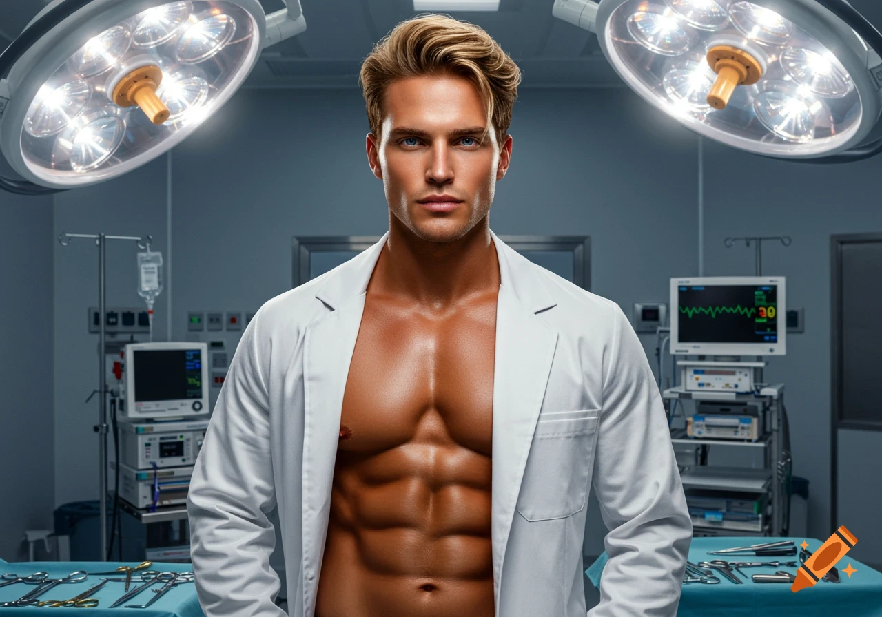 A photorealistic image of a muscular blonde man in an open lab coat standing in an operating room.