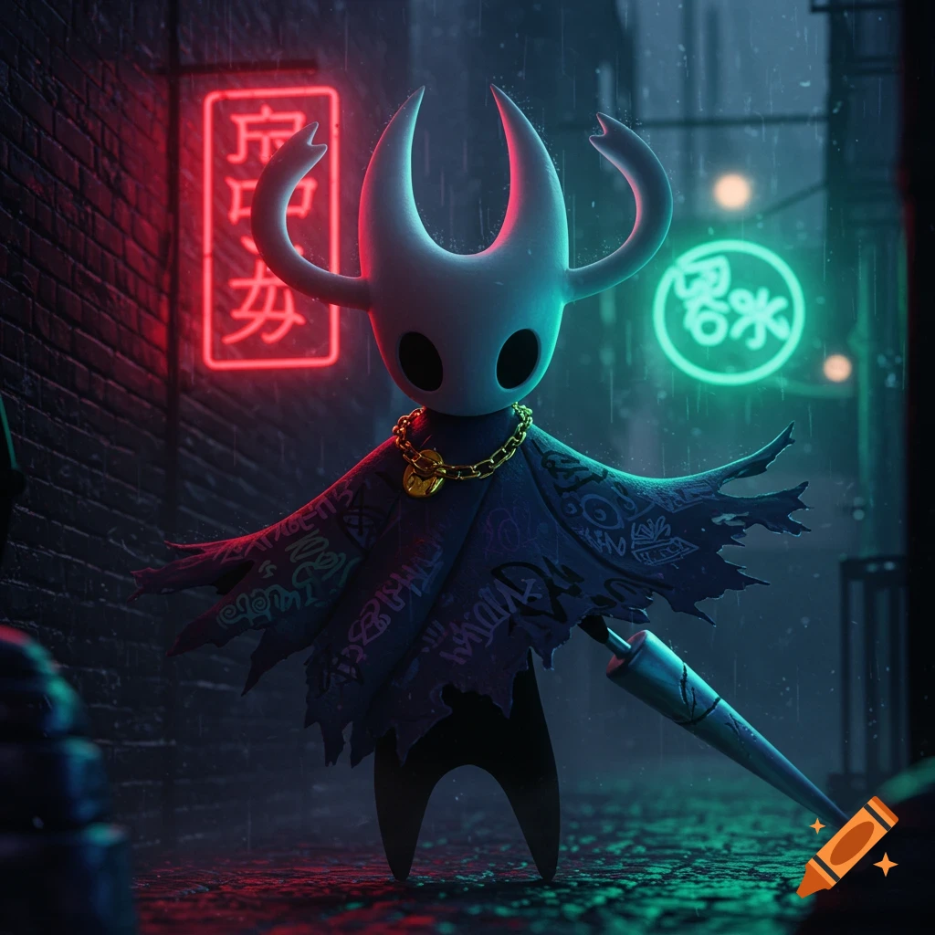 An edgy, gangster-style Hollow Knight character with a gold chain and tattered cloak in a rainy, neon-lit alleyway.