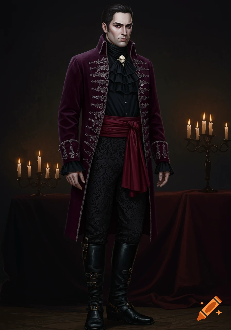 Full-body portrait of a man in a deep purple velvet gothic-Victorian coat, black ruffled shirt, and tall black boots in a shadowy room with candles.