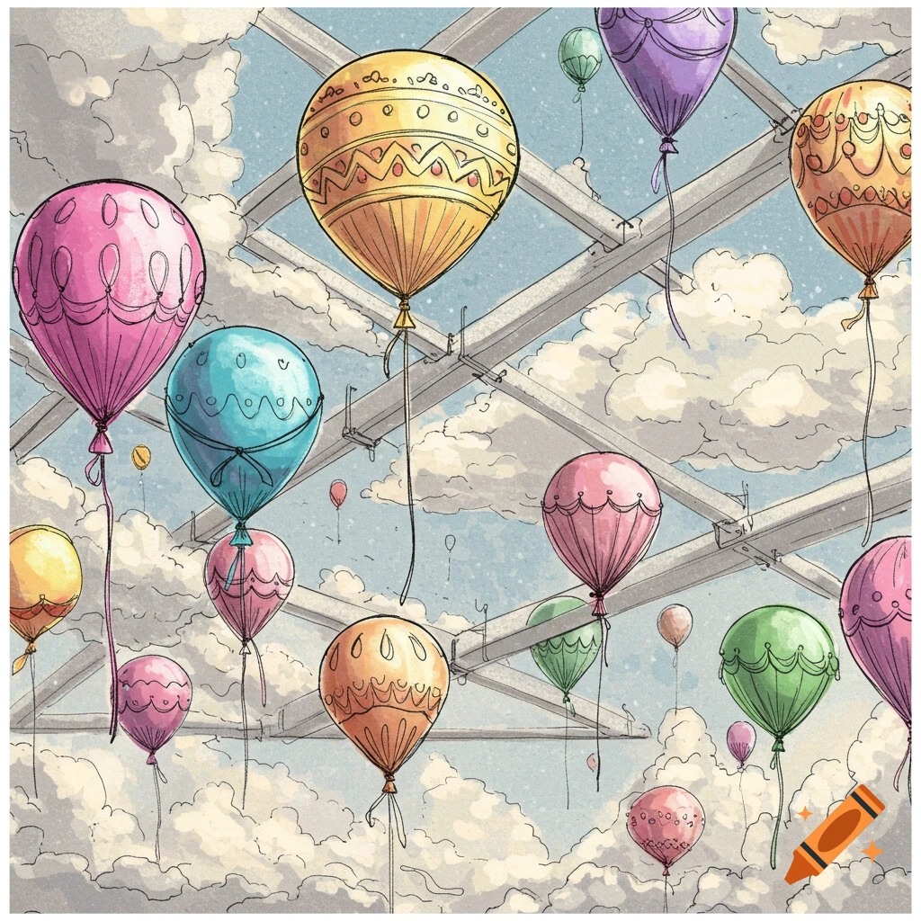 A whimsical sketch illustration of colorful, patterned balloons floating among clouds below a skylight.