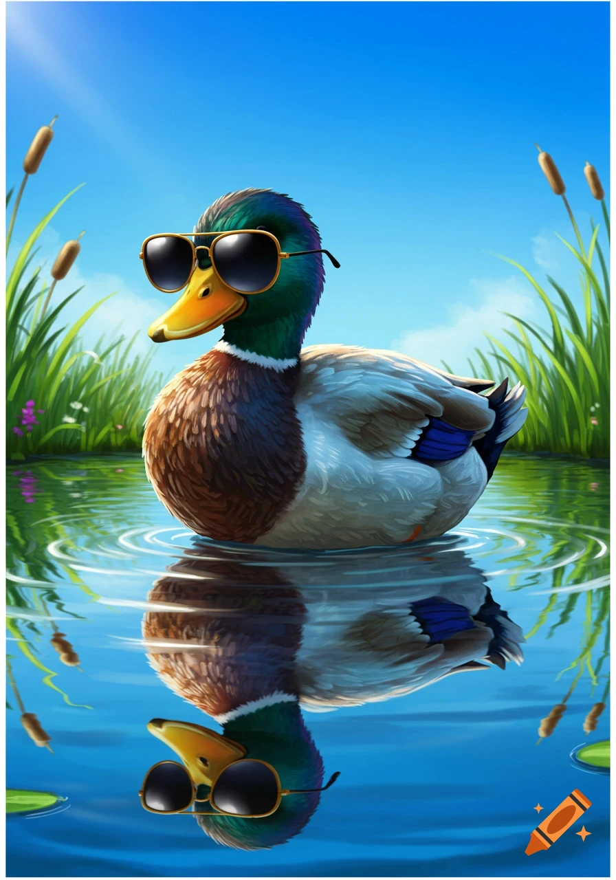 A cartoon mallard duck wearing aviator sunglasses floats on a clear blue pond, surrounded by tall green reeds under a bright sky, with its reflection visible in the water.