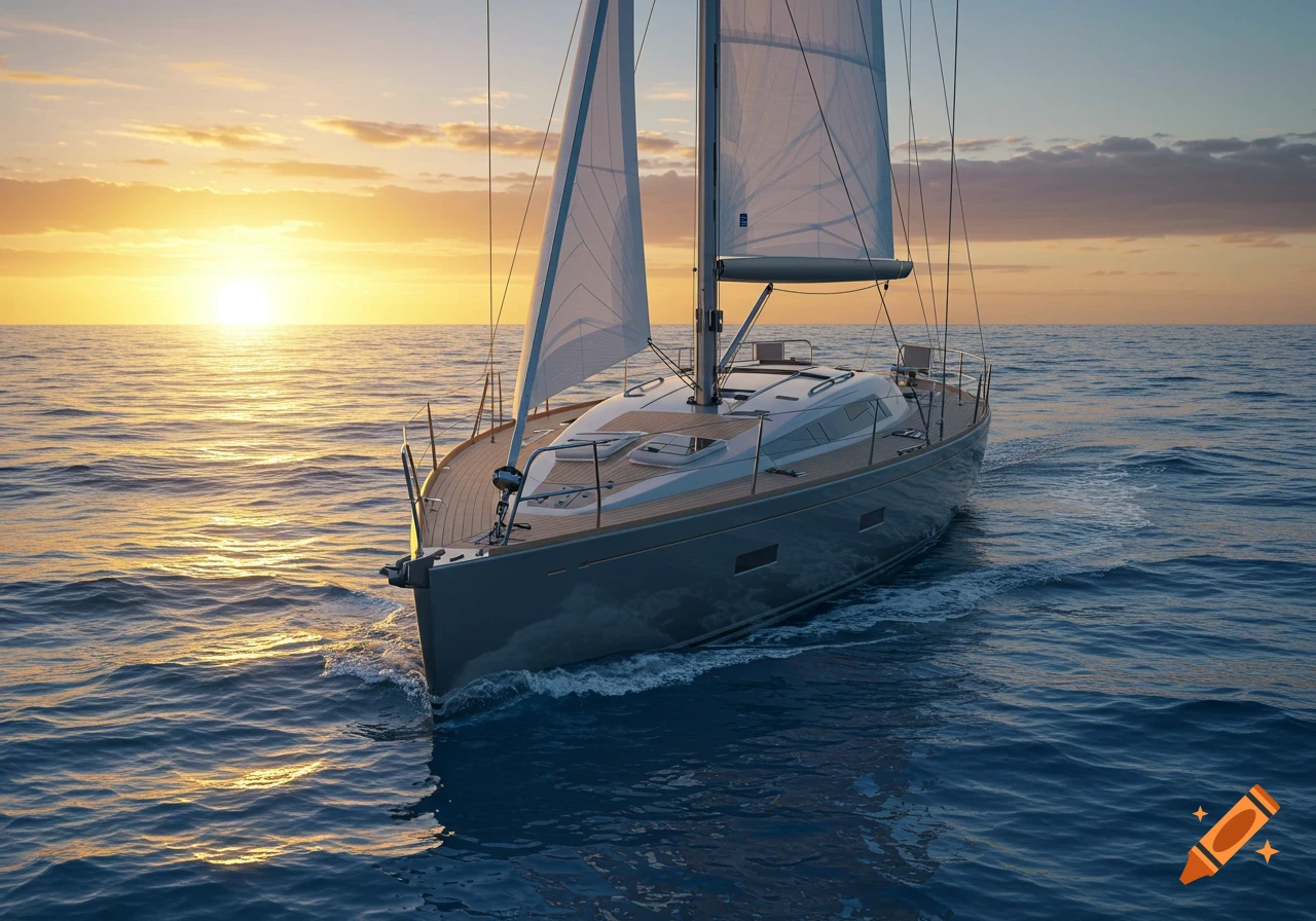A photorealistic sailboat with white sails cruises on blue ocean water towards a bright orange sunset.