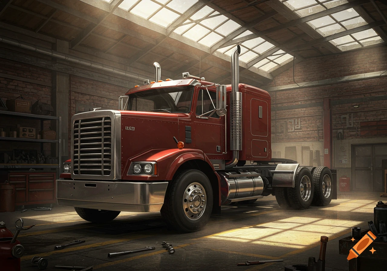 A red American heavy-duty truck parked inside a dimly lit repair shop, with tools scattered on the concrete floor.