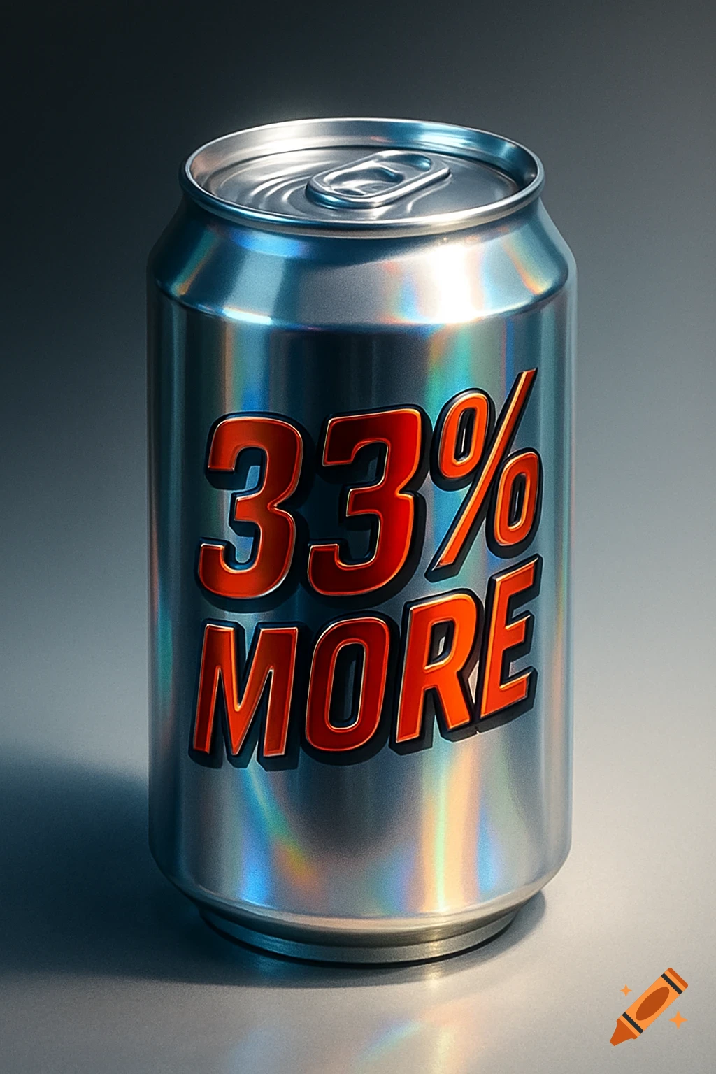 A photorealistic silver soda can with the text "33% MORE" written in bold red and black letters.