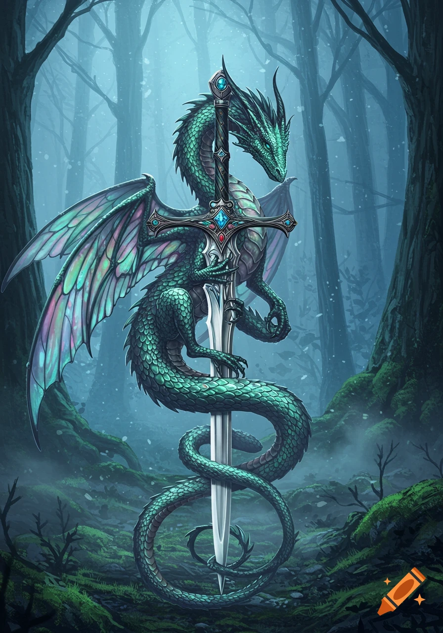 A vibrant green dragon with iridescent wings wrapped around an ornate sword in a misty, dark forest.