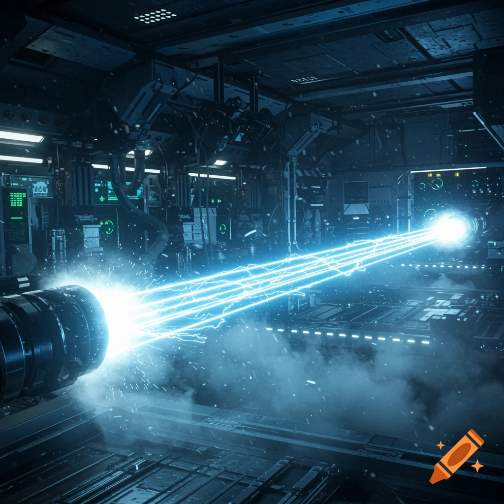 A bright blue laser beam shoots from a large device in a dark, futuristic laboratory filled with glowing screens and smoke.