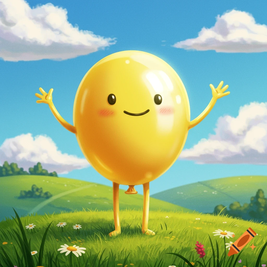 A cheerful yellow balloon character with arms and legs stands in a sunny green field under a blue sky with clouds.