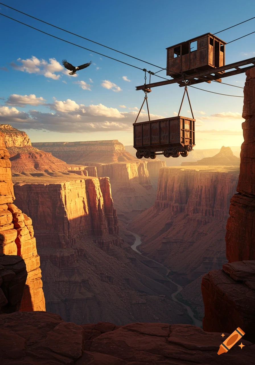 A rusted mine car suspended by cables over a vast, sunlit canyon with a river winding below and an eagle soaring in the sky.