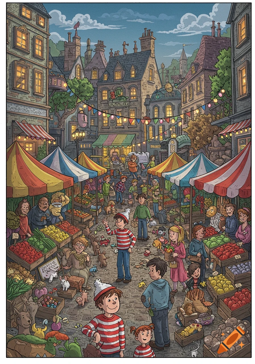 A detailed, cartoon-style illustration of a bustling European market square with numerous people, market stalls, and buildings, featuring Waldo in his red and white striped shirt.