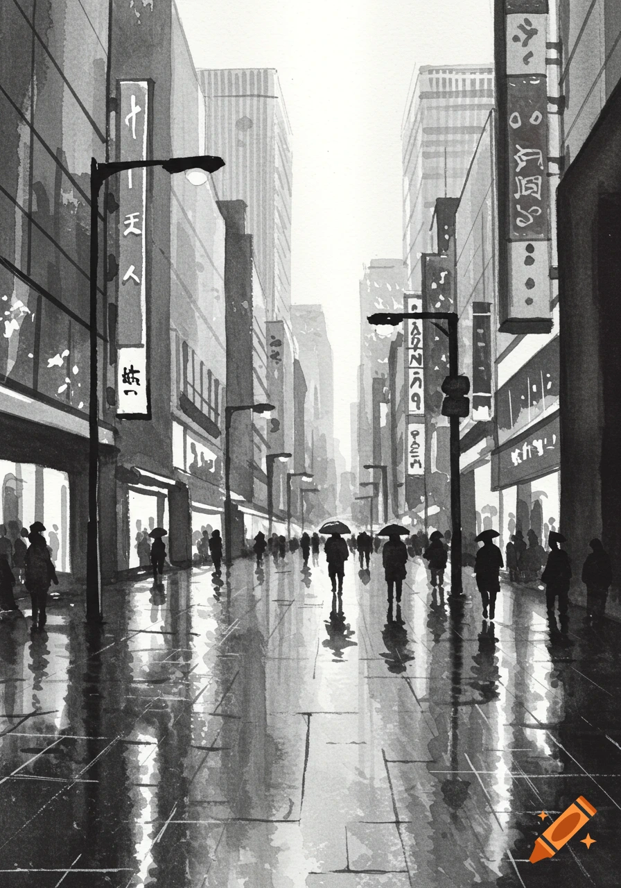 Black and white sumi-e style painting of a rainy city street with tall buildings and people carrying umbrellas.