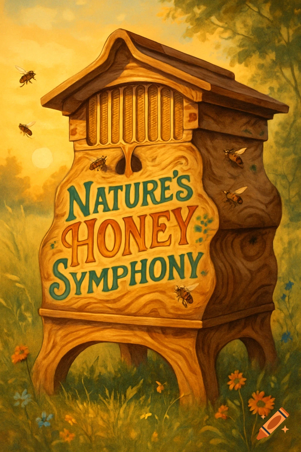 A wooden beehive shaped like an old radio or cabinet, with "NATURE'S HONEY SYMPHONY" painted on its side, surrounded by bees, flowers, and greenery.