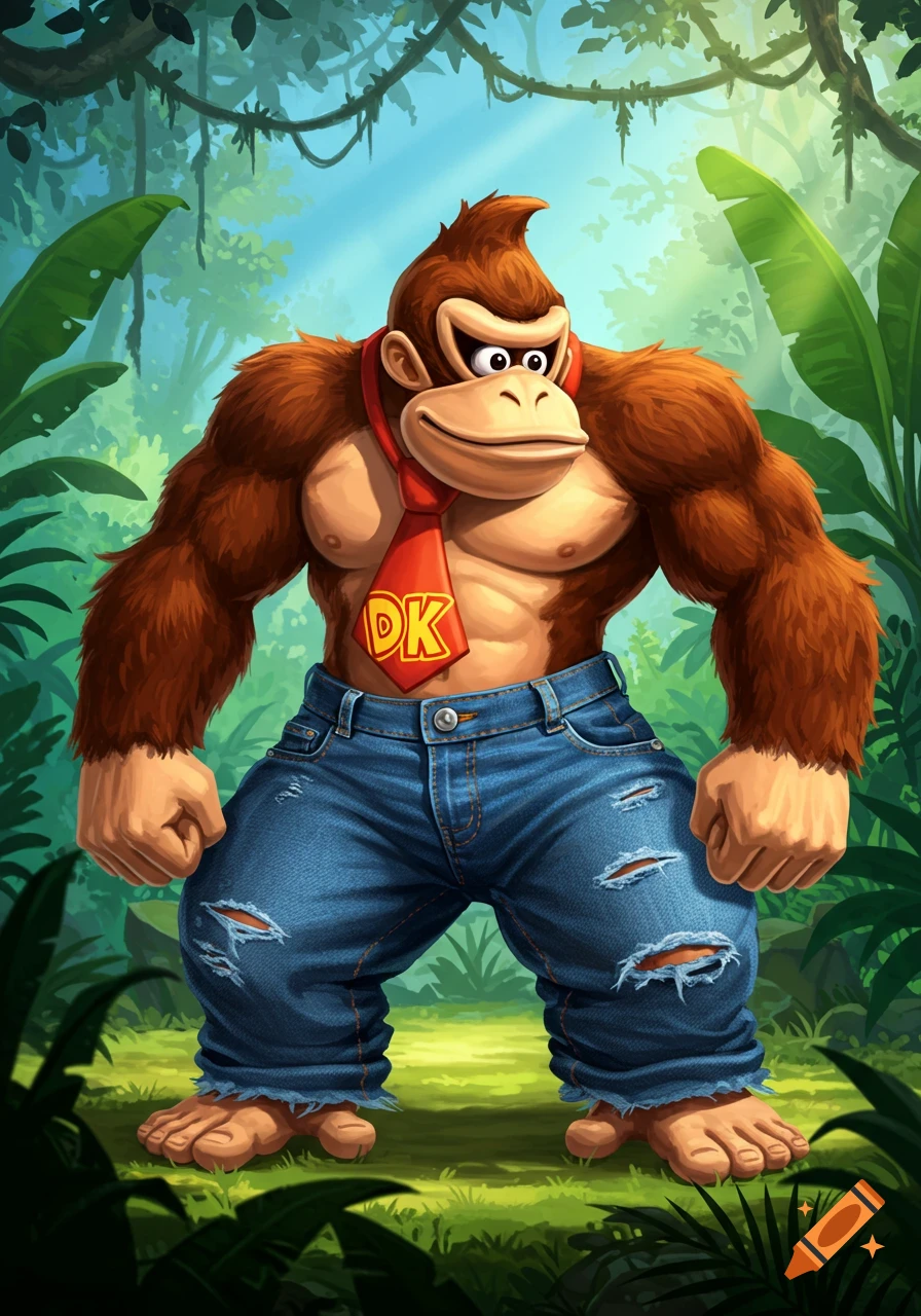 Donkey Kong standing in a jungle, wearing ripped blue jeans and his red DK tie. Cartoon illustration.