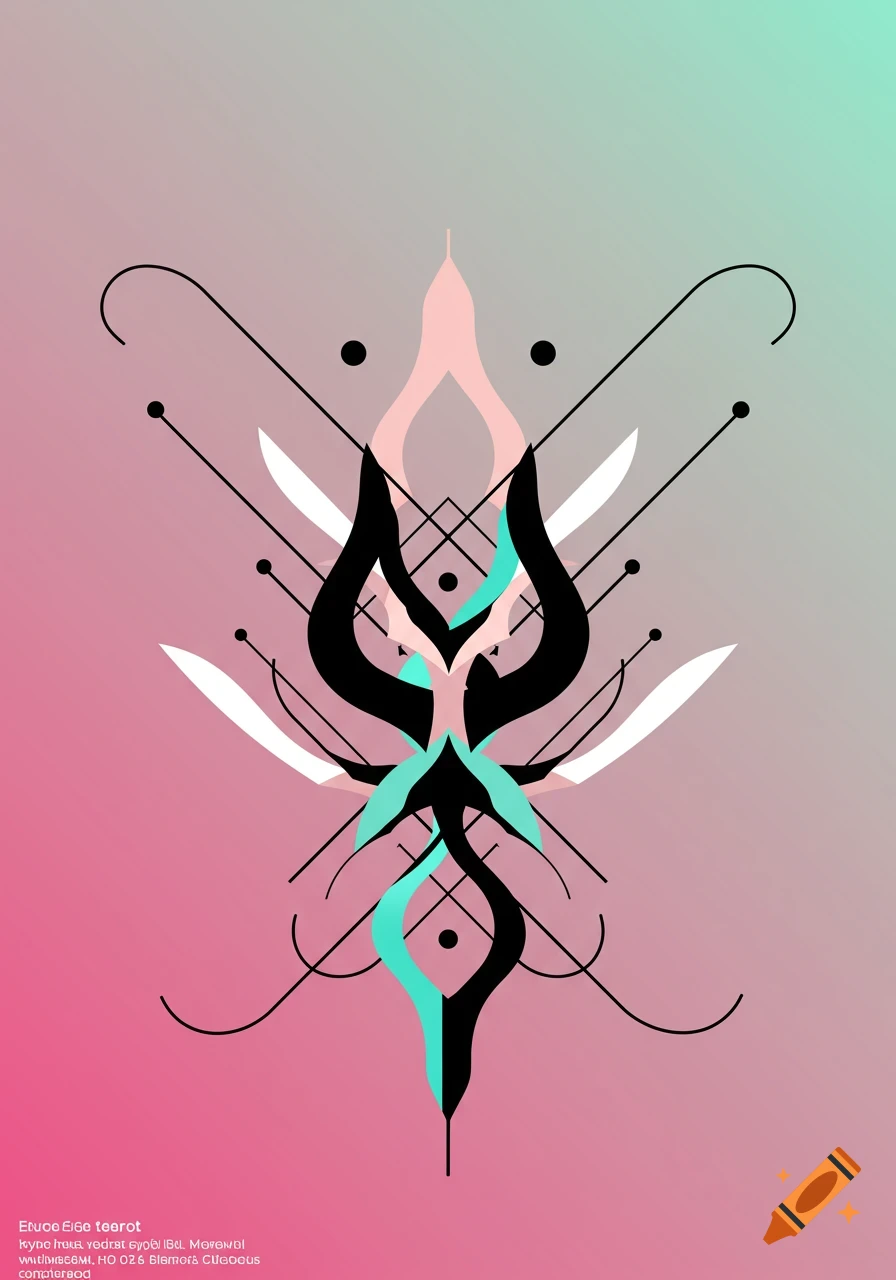 Abstract vector art with symmetrical black, teal, and pink shapes, curved lines, and white accents on a gradient background.