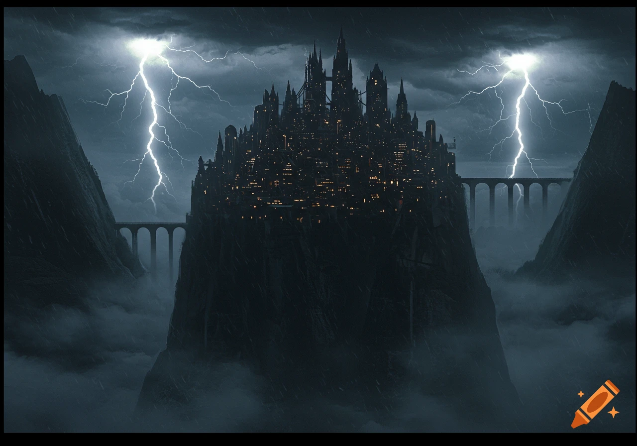 A dark, ominous city with spires on a tall mountain amidst a stormy sky with lightning and fog-filled valleys.