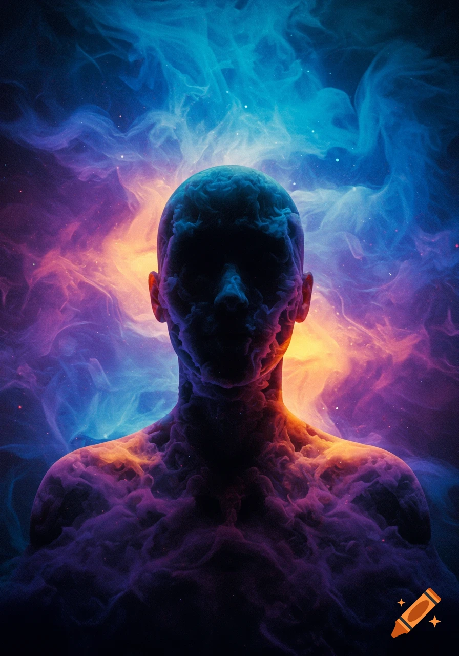 An abstract human-like figure composed of swirling cosmic dust and nebulae against a vibrant blue, purple, and orange space background.