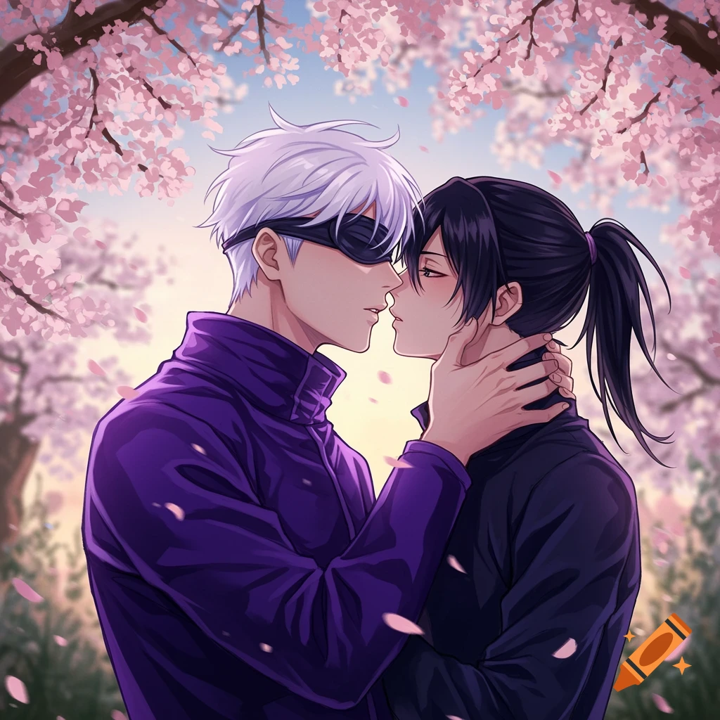 Anime art of two male characters, Gojo and Geto, about to kiss under cherry blossom trees.