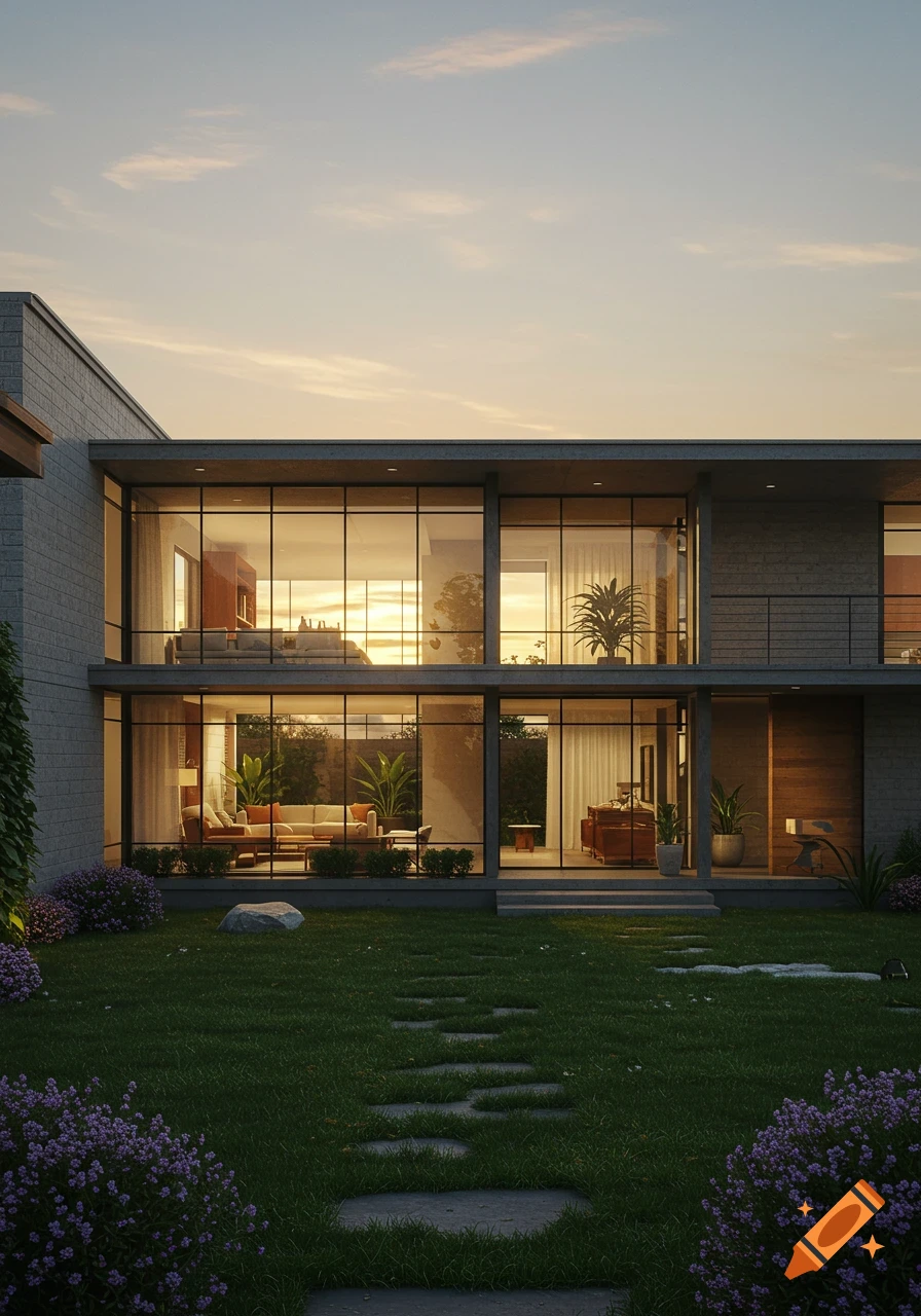 A photorealistic rendering of a modernist house with large glass windows and illuminated interiors at sunset, with a green lawn and purple flowers in the foreground.
