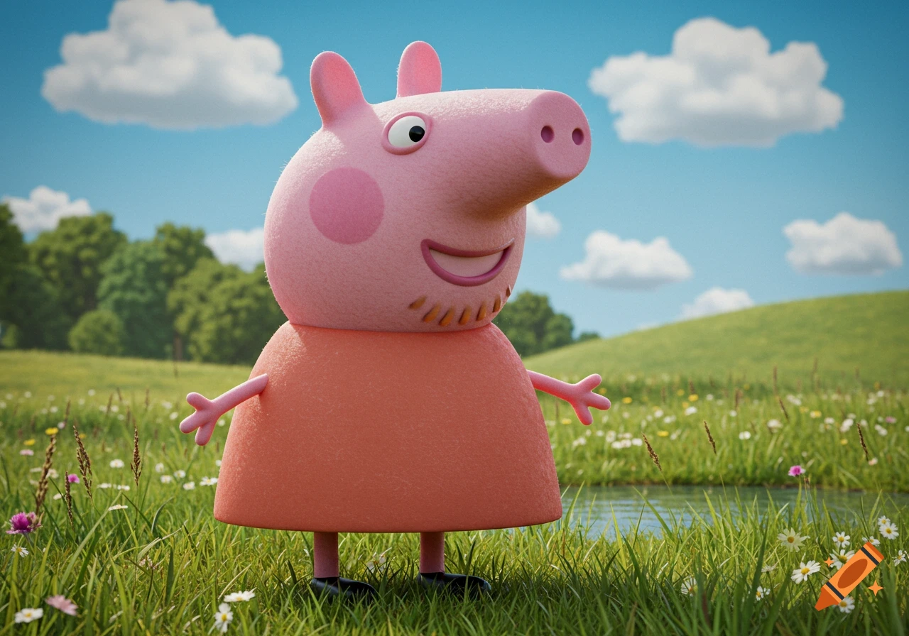 Hyperrealistic 3D rendering of Peppa Pig with a textured face, standing in a lush green field with a pond, trees, and cloudy blue sky.