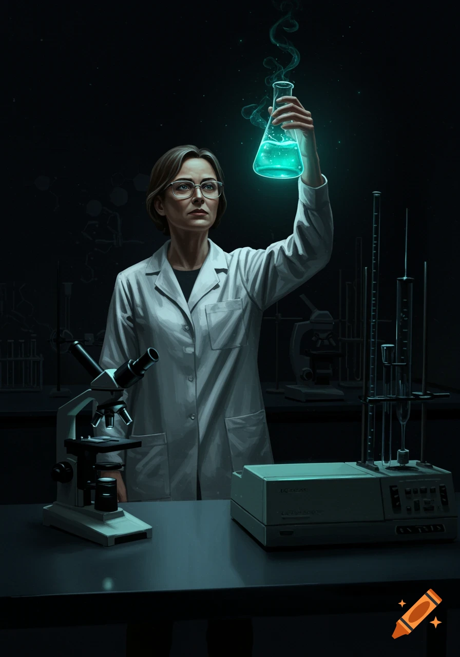 A female chemist in a lab coat holds a glowing green flask, standing in a dark laboratory with a microscope and other equipment on a table.