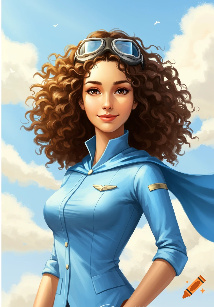 A confident woman with curly brown hair and aviator goggles smiles while wearing a light blue pilot's uniform with a matching cape, against a cloudy sky.