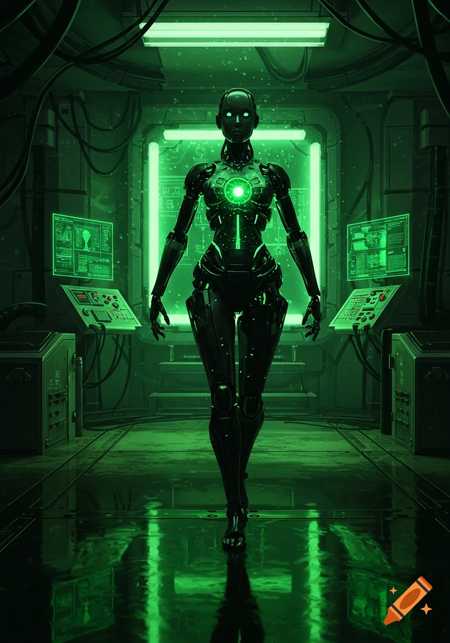 A sleek, black and green glowing android stands in a dark, futuristic laboratory with glowing green screens.