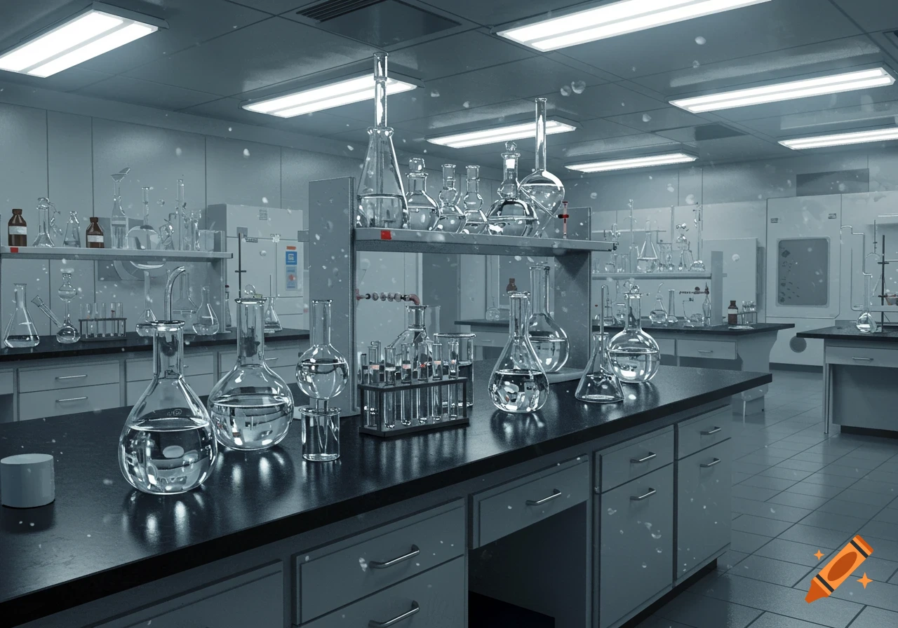 A photorealistic image of a chemistry lab filled with various clear glass flasks and beakers on black countertops.