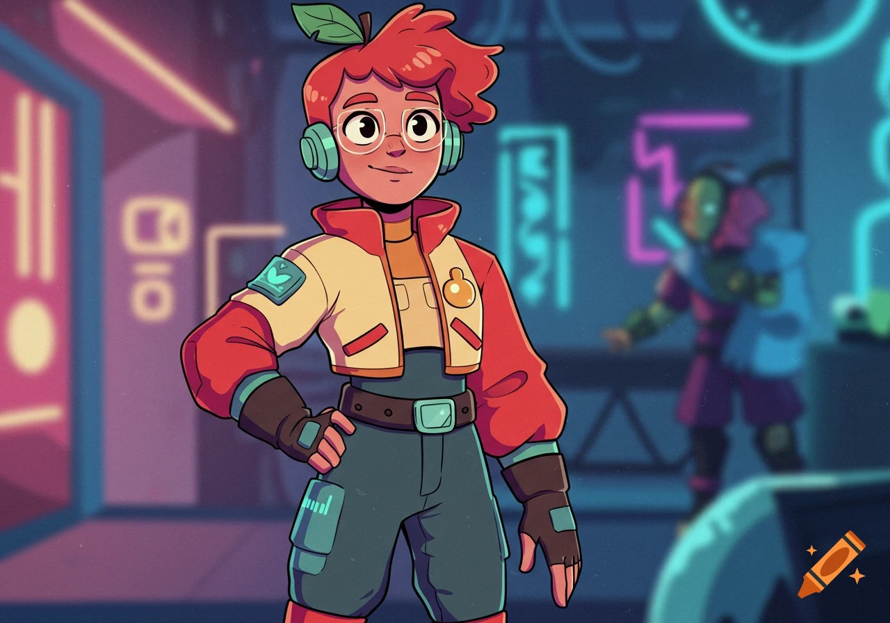 A stylized cartoon character with red hair, green leaf, and glasses, wearing a futuristic jacket and headphones, stands in a neon-lit cyber city.