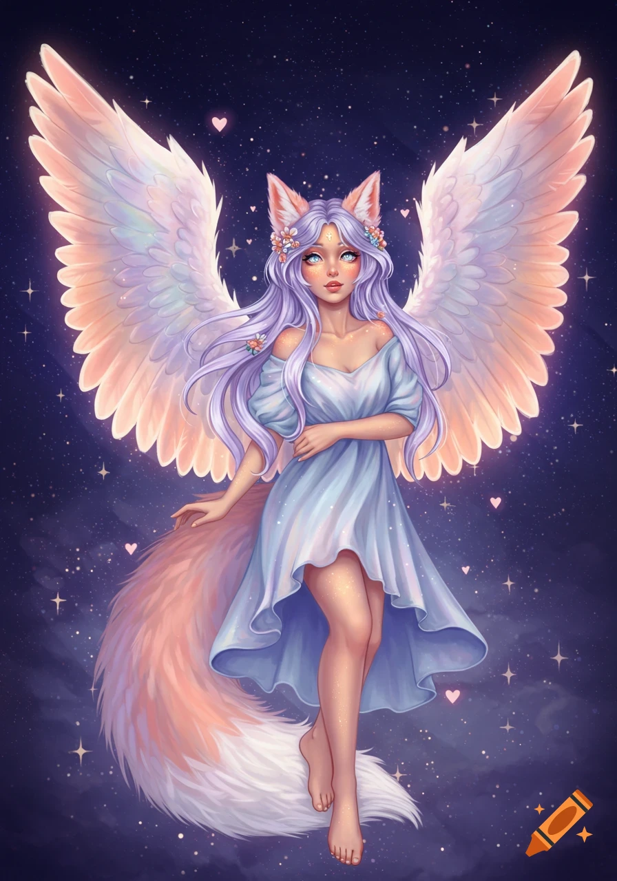 An ethereal fantasy woman with lavender hair, fox ears, and large iridescent wings, wearing a blue dress, against a starry night sky.