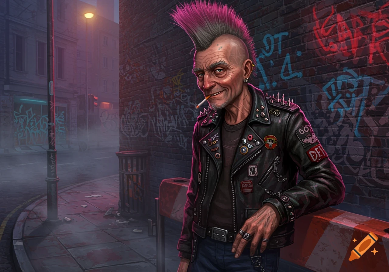 An old punk man with a pink mohawk and spiked leather jacket smokes a cigarette in a graffiti-covered alley at night, digital art.