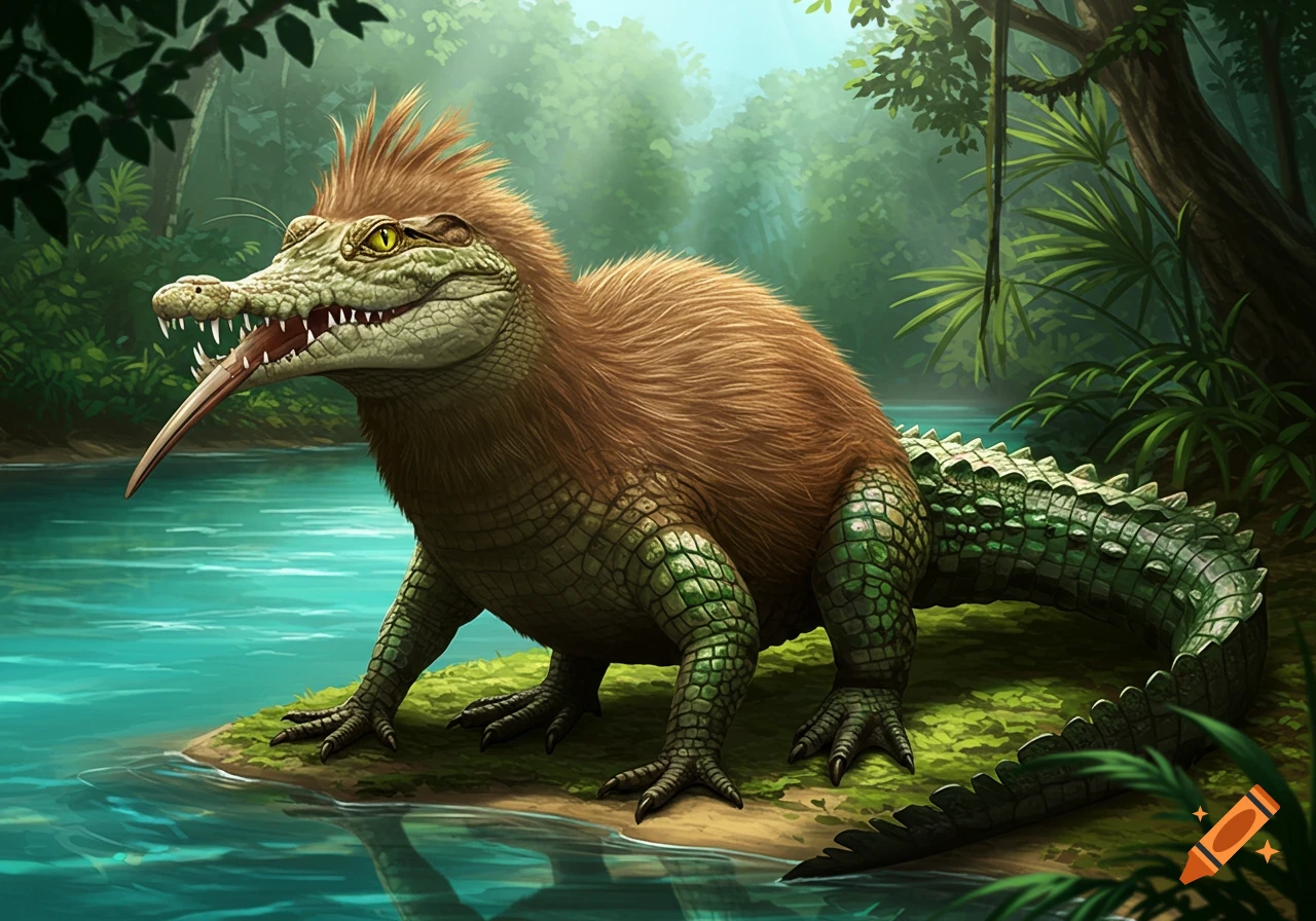 A whimsical, detailed illustration of a crocodile-kiwi hybrid creature with a furry body and a long beak, standing by a river in a lush jungle.