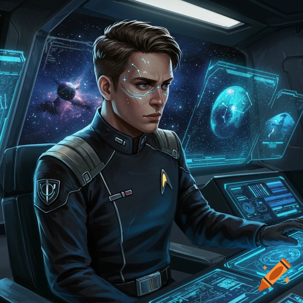 A young man in a futuristic space uniform operates controls in a spaceship cockpit with holographic displays and a view of space.