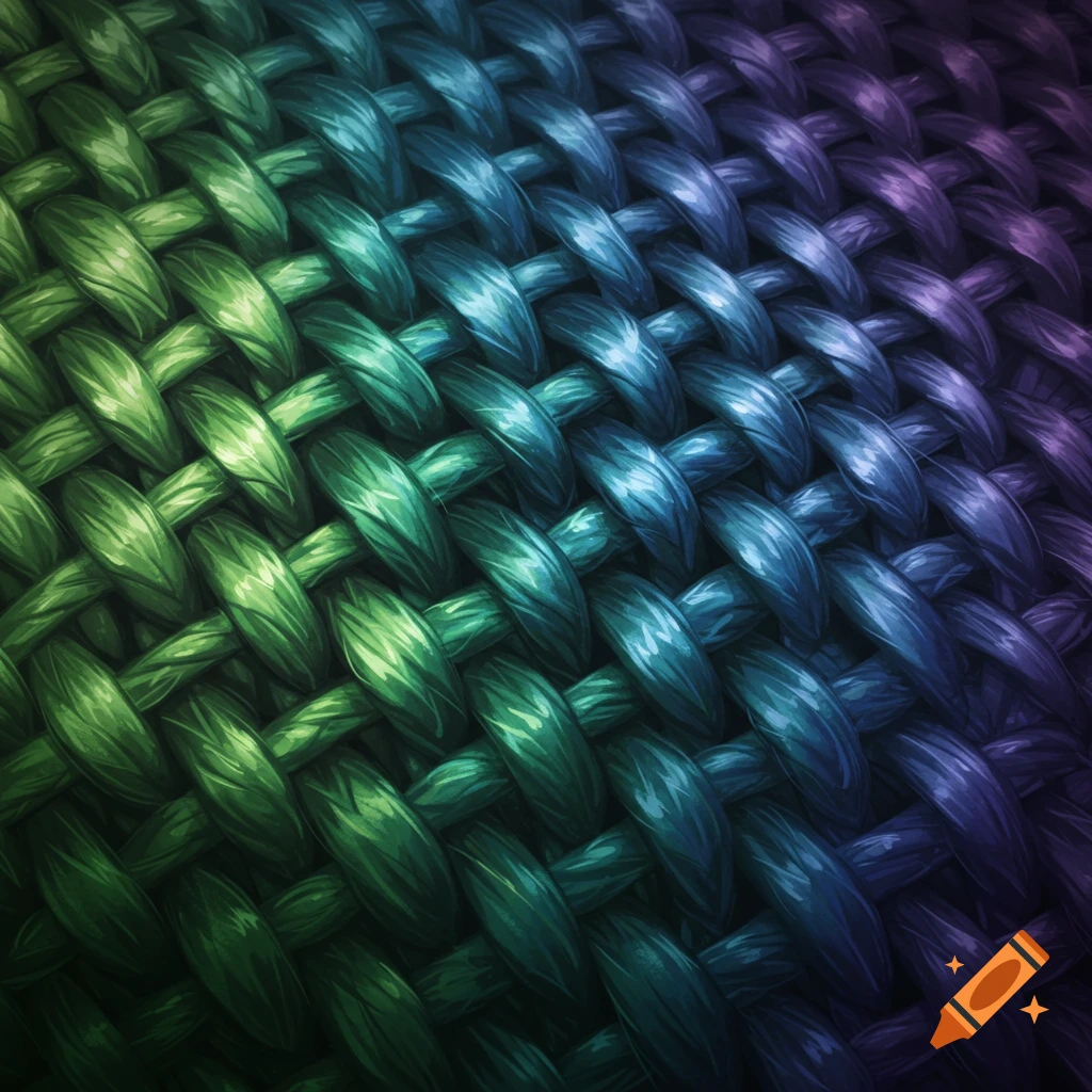 Close-up of a knitted fabric with a color gradient from green to blue to purple.