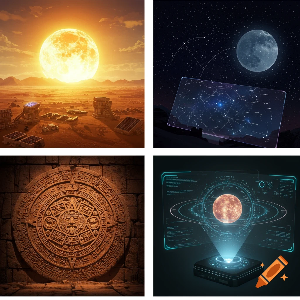 A quad-panel image featuring: a desert landscape with ancient ruins and solar panels under a huge sun; a transparent screen projecting a star map under a full moon; an intricately carved stone lunar calendar; and a holographic interface showing a planet.