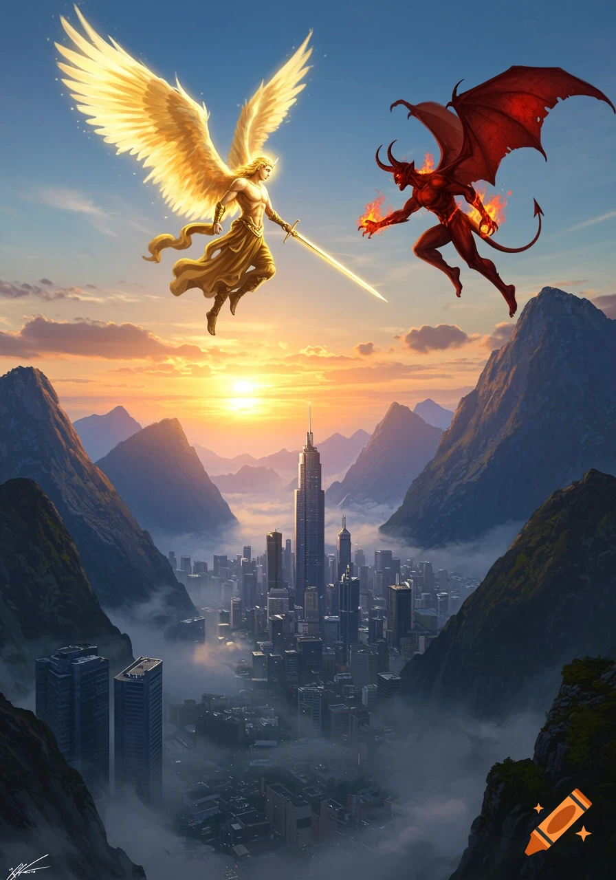 An epic digital art illustration of a golden-winged angel battling a red demon above a foggy city at sunset.
