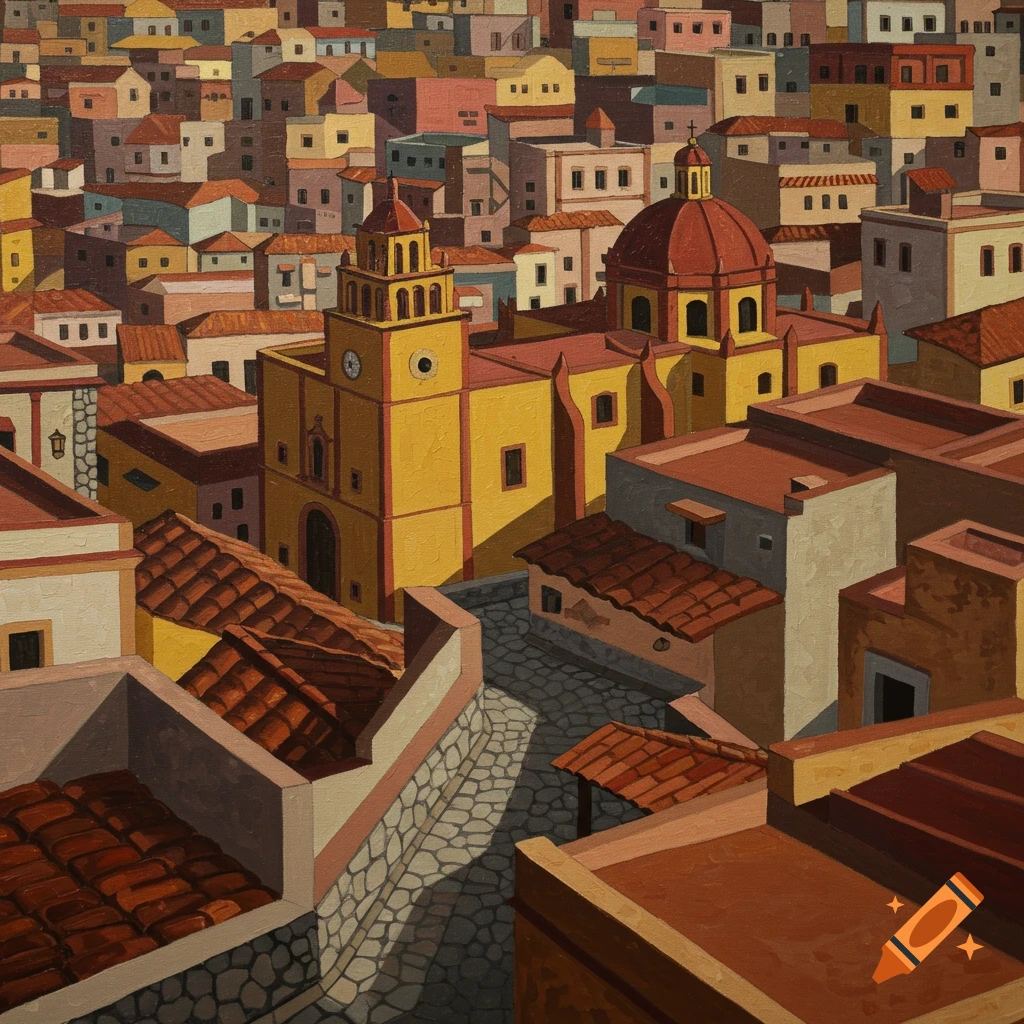 A vibrant geometrical painting of a colorful city with a prominent yellow church, resembling a cubist art style.