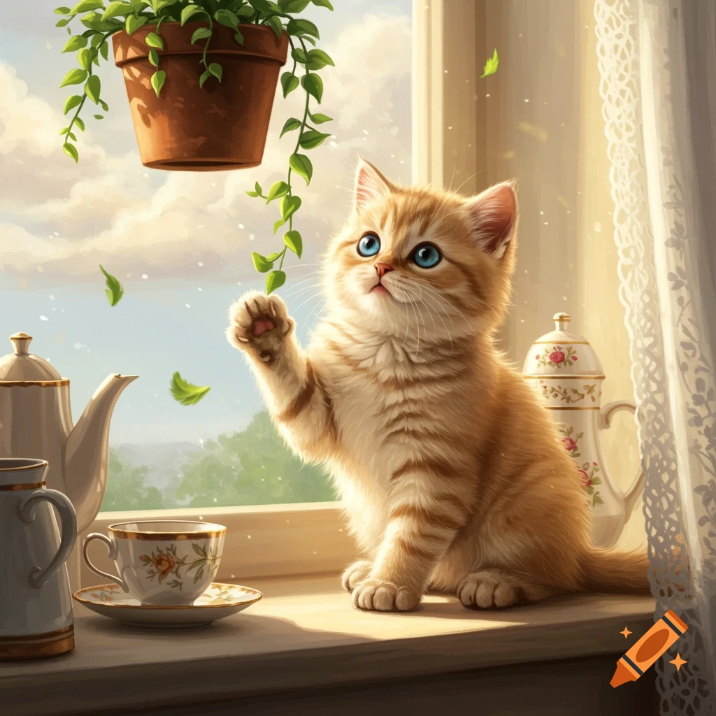 A cute ginger kitten with blue eyes plays with leaves on a sunlit windowsill next to teaware and lace curtains.