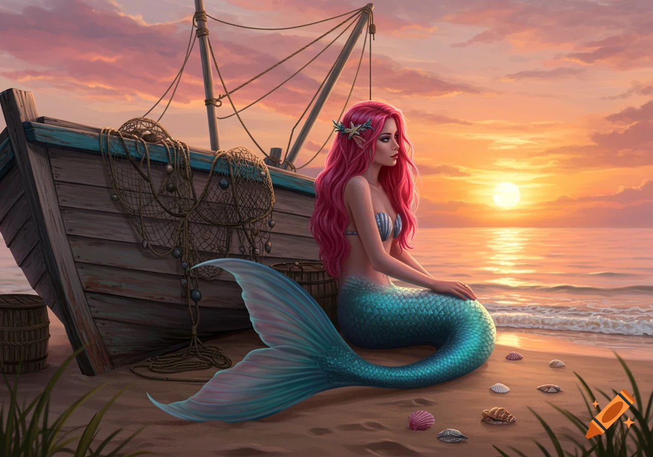 A beautiful mermaid with long pink hair and a blue-green tail sits on a sandy beach next to a fishing boat at sunset.