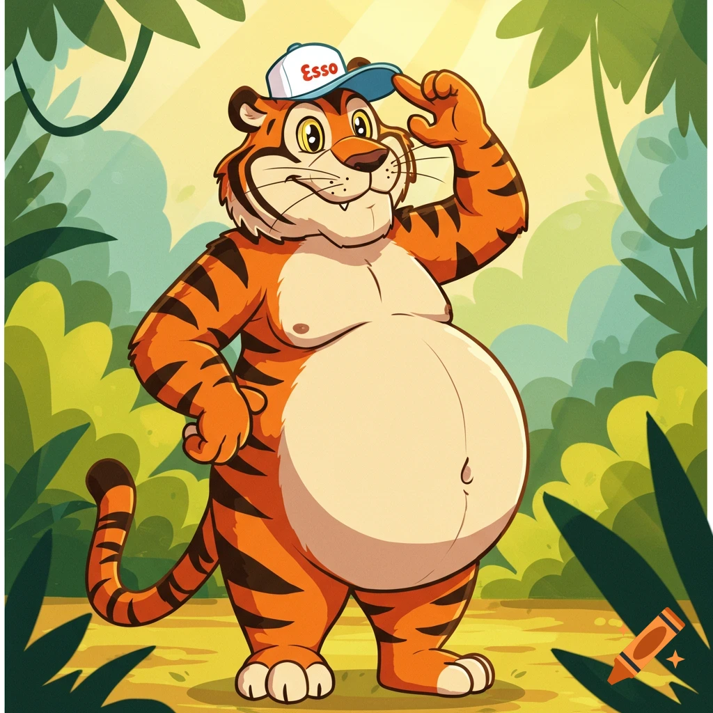 A smiling anthropomorphic cartoon tiger with a big belly, wearing a white and blue cap with "Esso" written on it, stands in a jungle.