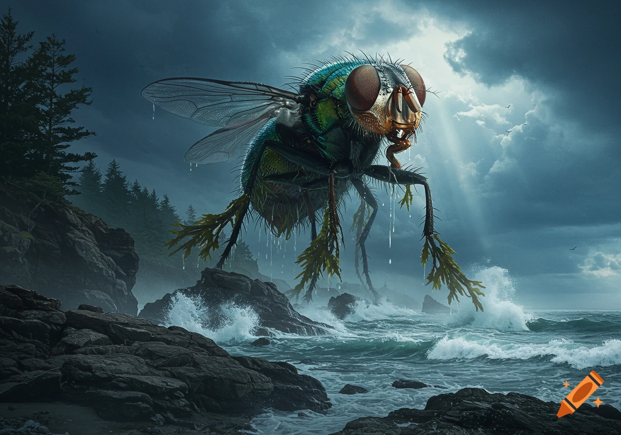 A huge, photorealistic green and blue fly with seaweed on its legs hovers menacingly over a stormy, rocky ocean.