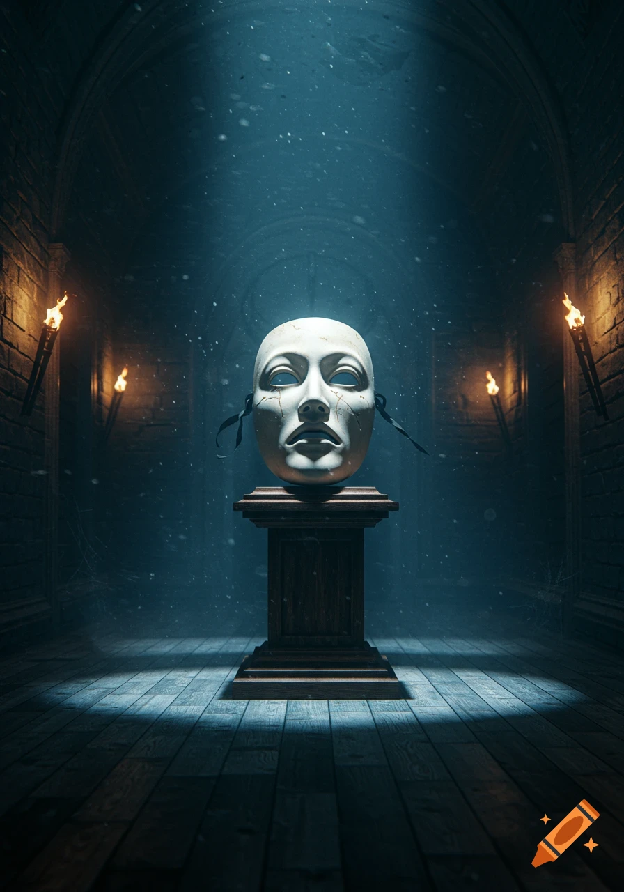 A cracked white mask with blue eyes rests on a dark wooden pedestal in a dimly lit, dusty stone corridor with torches on the walls.