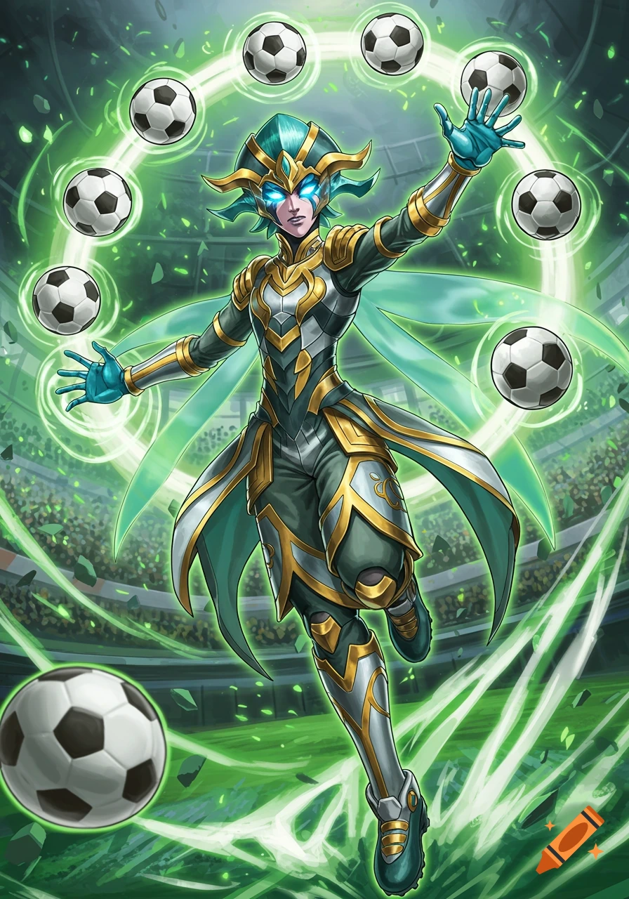 An anime-style character in a stadium juggles multiple soccer balls with glowing green magical energy.