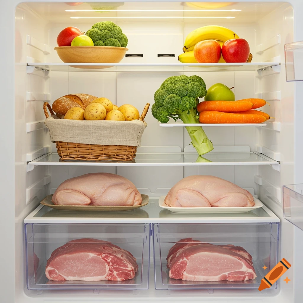 Interior view of a well-stocked refrigerator with fresh produce, bread, potatoes, and raw meat on shelves.