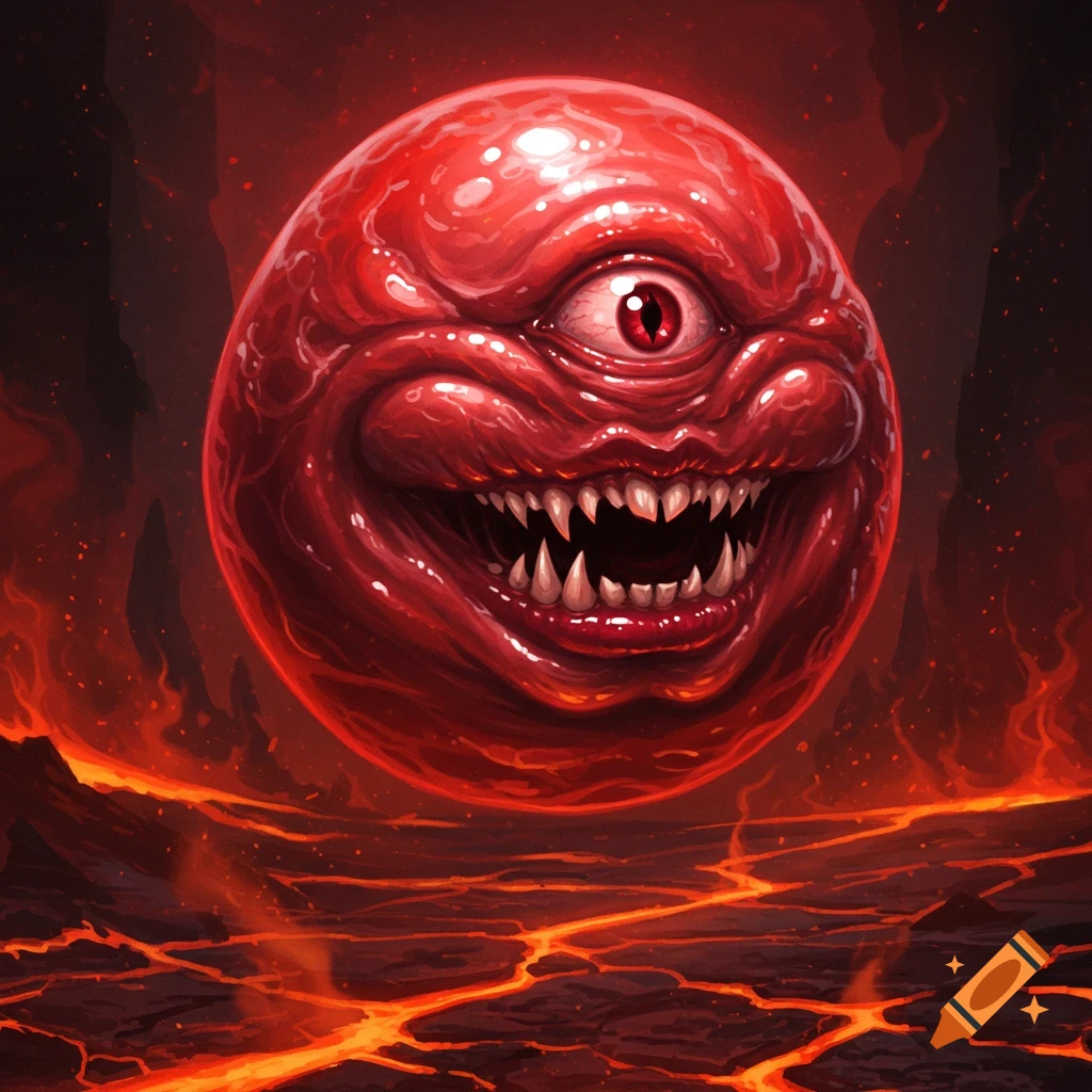 A grotesque red spherical demon with a single eye and sharp teeth floats above a cracked, fiery lava landscape in a dark, hellish setting, digital art.