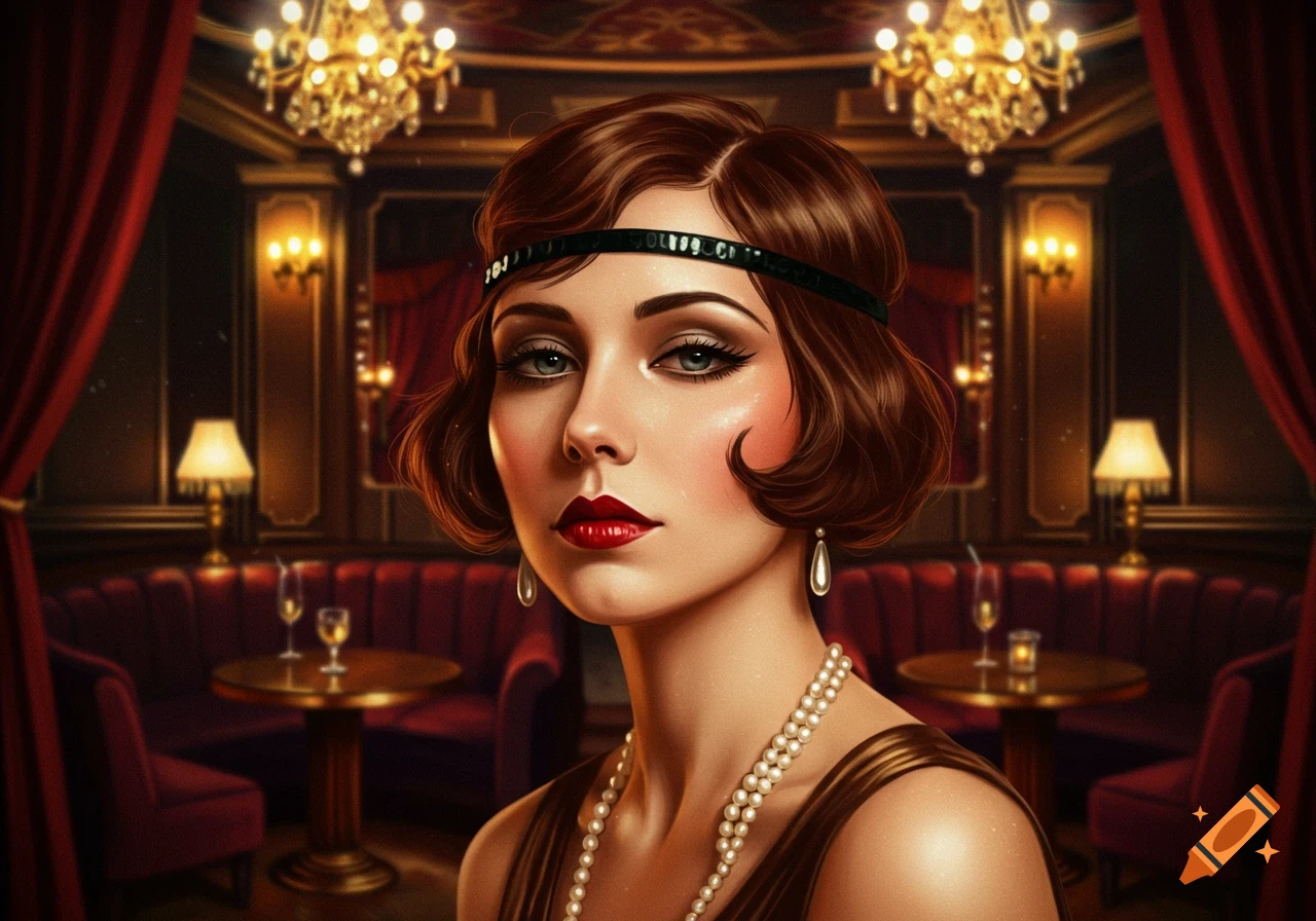 A woman in 1920s flapper style, wearing a headband and pearls, poses in a dimly lit, luxurious private club.