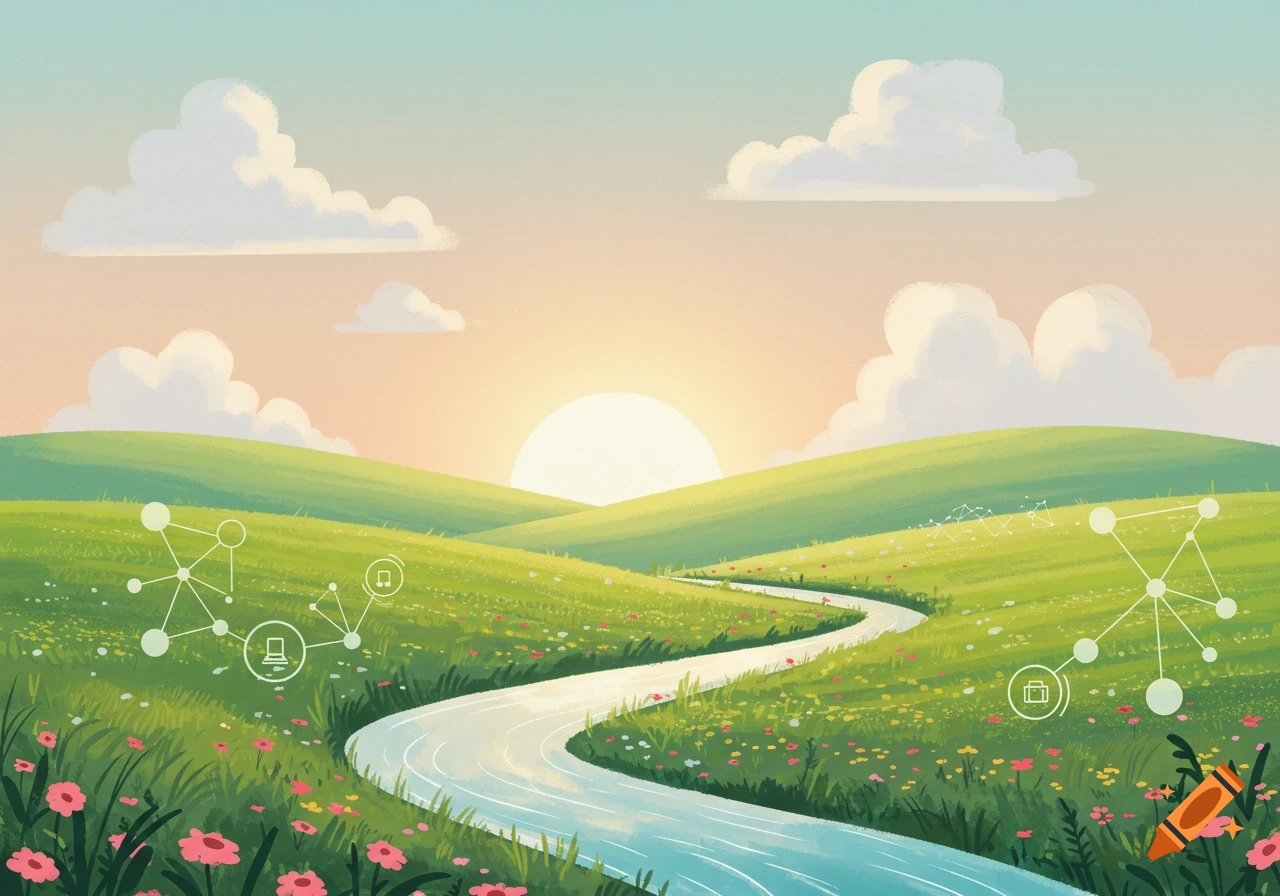 Sunny illustration of green rolling hills with wildflowers, a winding river, and a bright sky. Abstract tech icons float in the foreground.