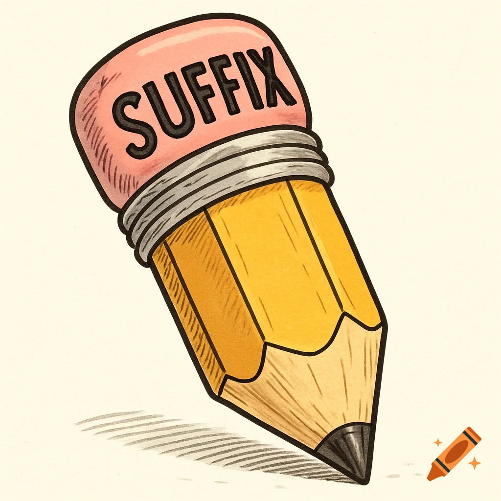 A cartoon yellow pencil with 'SUFFIX' written on its pink eraser, casting a shadow.