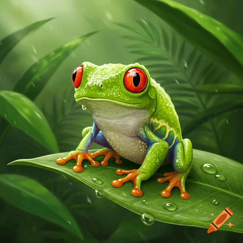 A vibrant green red-eyed tree frog with orange toes and blue markings sits on a large green leaf with water droplets.