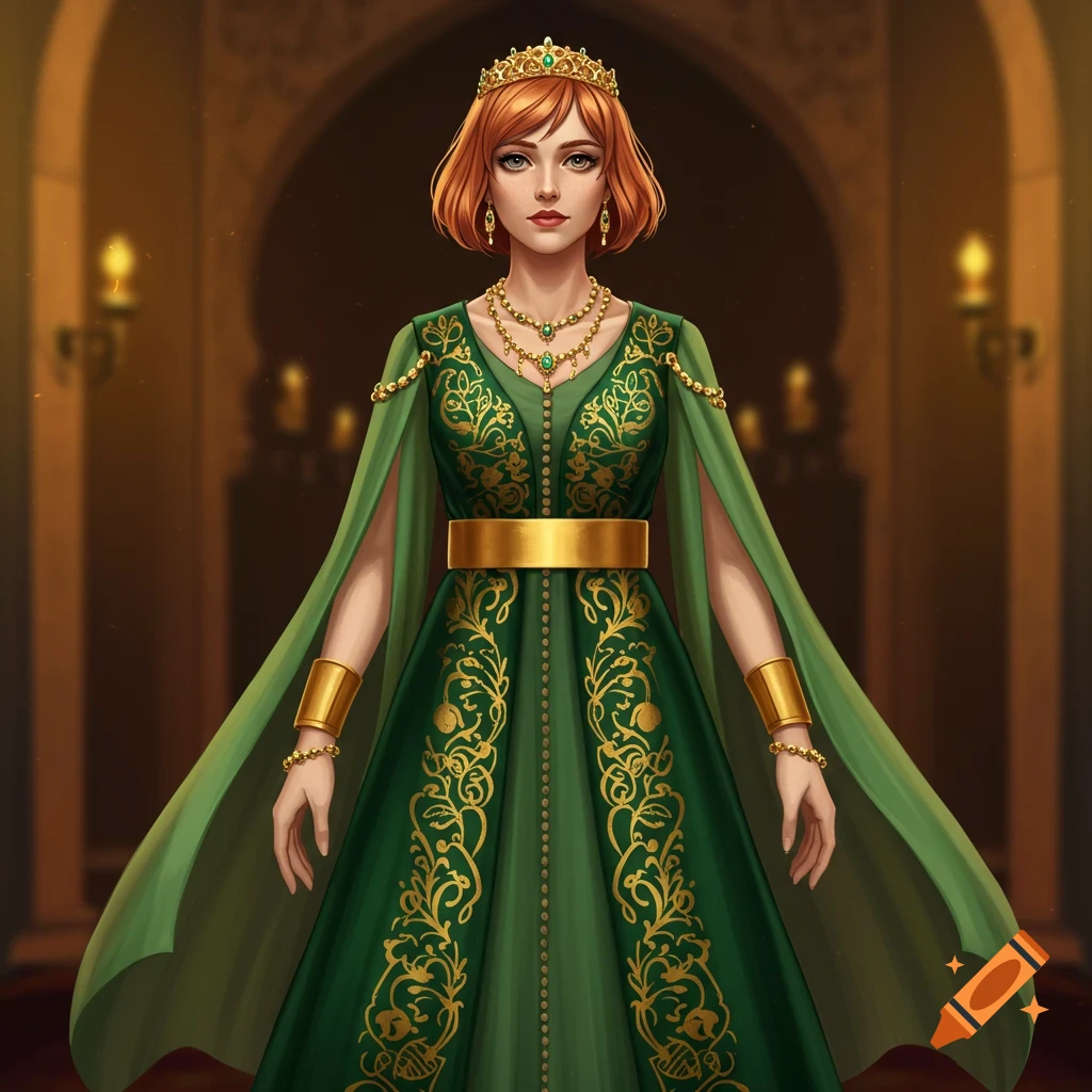 A regal woman with reddish-brown hair, wearing an emerald green, gold-embroidered gown and a golden tiara, stands in a warmly lit, ornate hall.