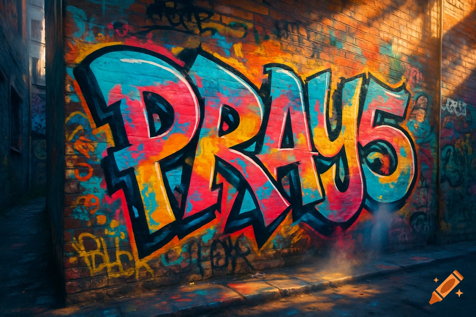 Vibrant graffiti tag 'PRAY5' painted on a brick wall in a dimly lit urban alleyway.