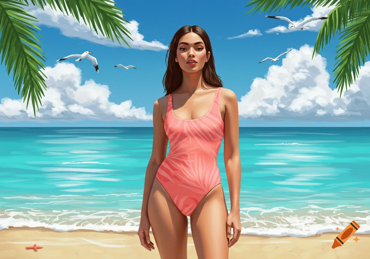 A woman in a coral one-piece swimsuit stands on a sunny beach with palm leaves, blue ocean, and seagulls in the sky.
